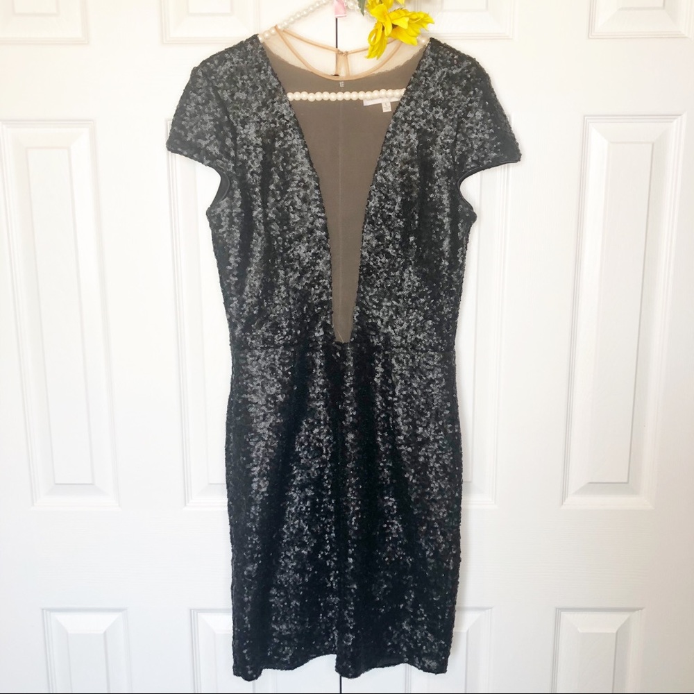 Dress the Population Sheer Plunging Sequin Dress